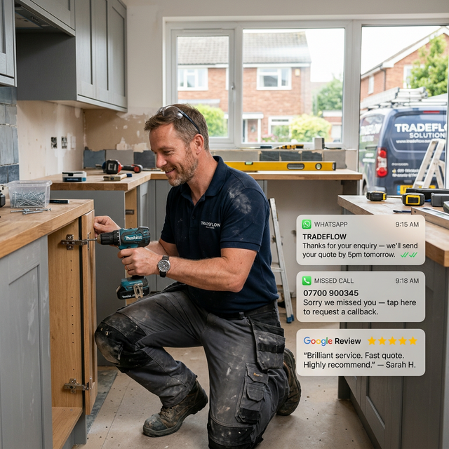 Confident UK tradesperson working on-site while automated notifications handle enquiries, follow-ups, and review requests in the background
