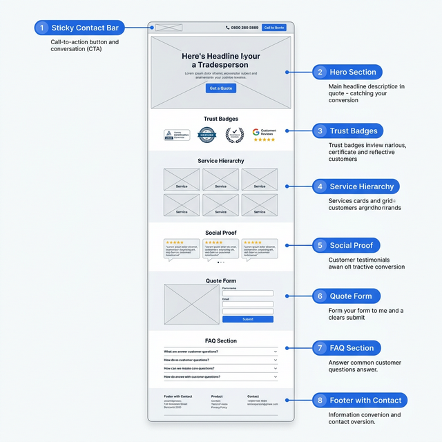 Full-page annotated conversion layout architecture for a UK trades website — showing sticky contact bar, hero CTA, trust badges, service hierarchy, quote form, and footer
