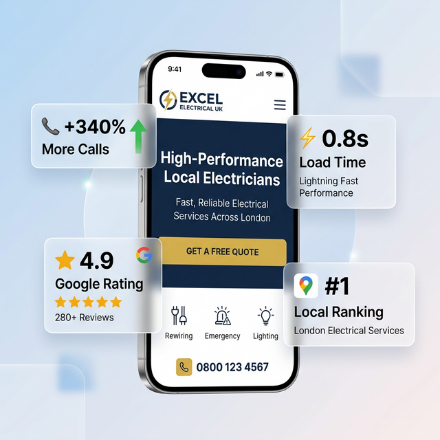 High-performance lead website mockup showing +340% more calls, 4.9 Google rating, and 0.8s load time